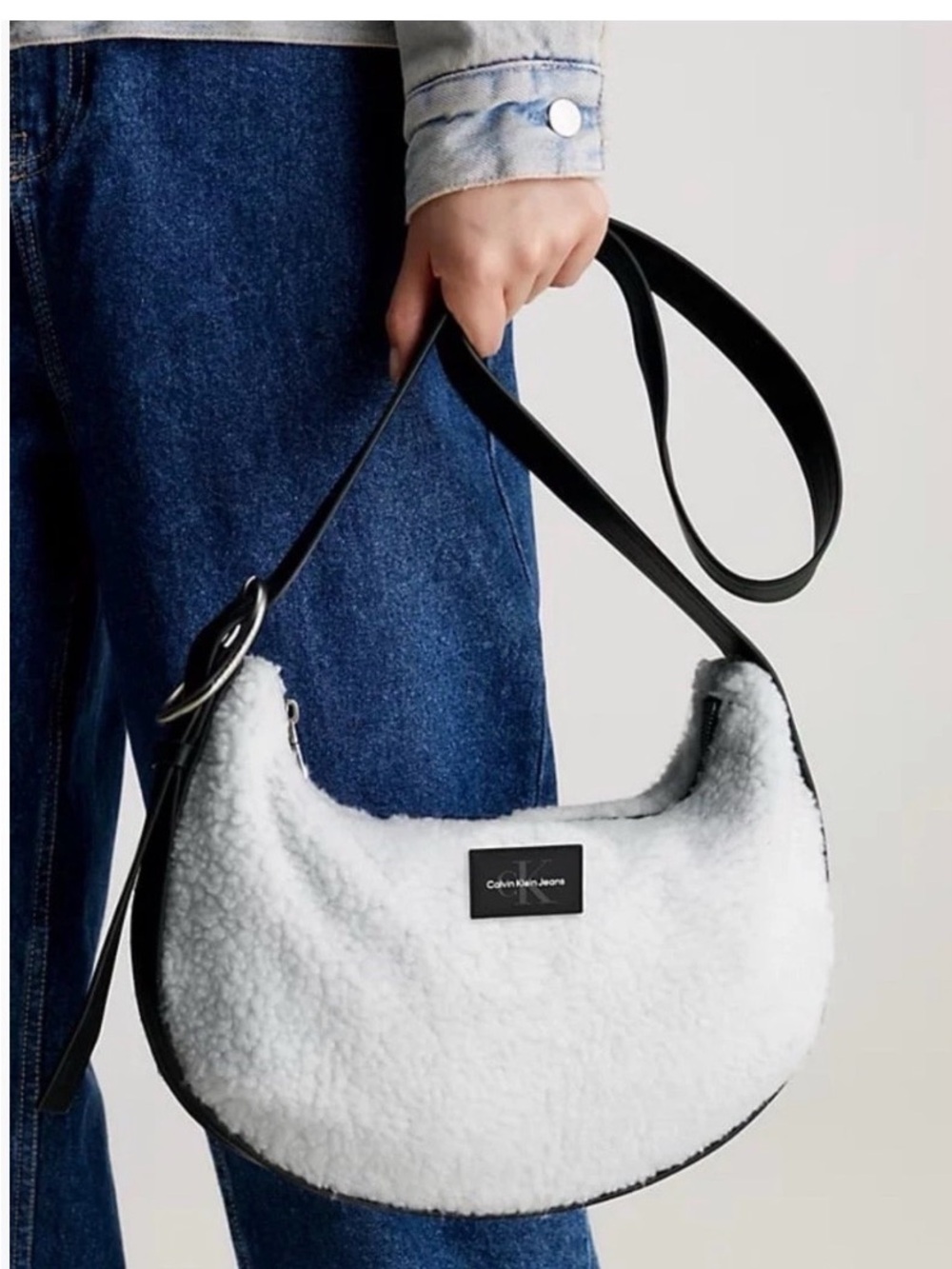 Calvin Klein Jeans White Sherpa Crescent Shoulder Bag with Black Strap